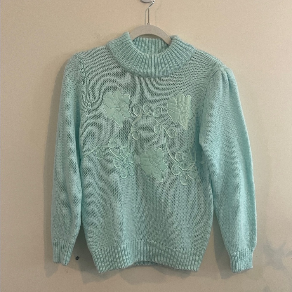Vintage Here's a Hug Sweater Embellished Embroidered Floral 80s Mock Aqua S Blue